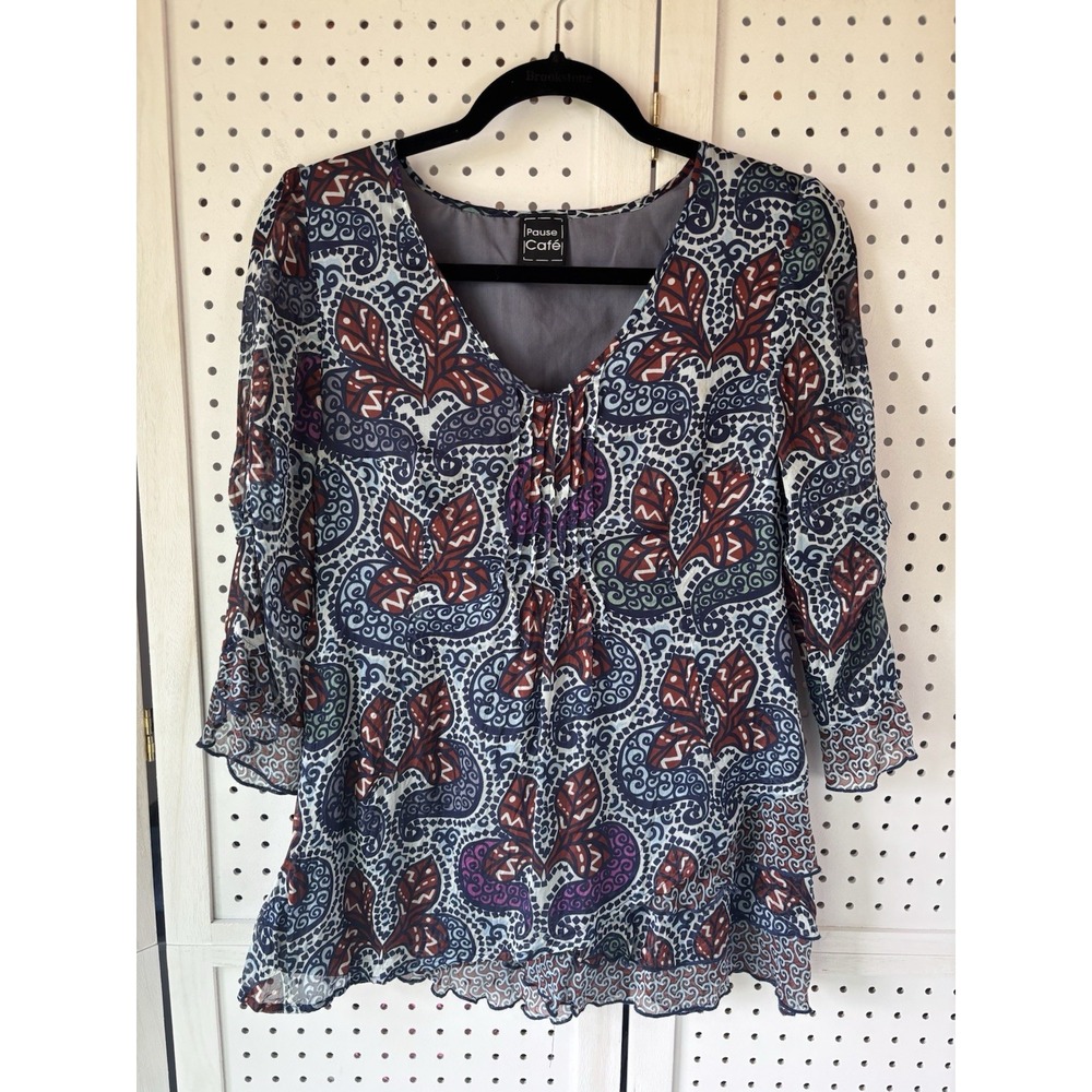 Pause Cafe V Neck 3/4 SLV Silk‎ Blouse Floral Paisley Blue Brown Women's Small?